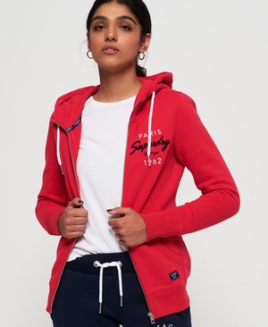 Superdry Applique Cipzár Női Kapucnis Pulóver Piros | USNDC0925